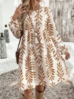 Elorivane Plus Size Women's Vacation Floral Print Round Neck Lantern Sleeve Long Sleeve Loose Casual Patchwork Dress, Plus Size Dress Fall