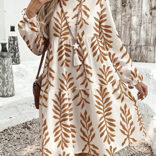 Elorivane Plus Size Women's Vacation Floral Print Round Neck Lantern Sleeve Long Sleeve Loose Casual Patchwork Dress, Plus Size Dress Fall