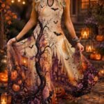 Elorivane Plus Size Women Halloween Pumpkin Print Maxi Dress, Gothic Black Cat Sleeveless Party Dress