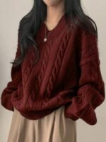Elorivane Women's Minimalist V-Neck Loose Knit Sweater | Low-Key Vintage Brown Pullover Fall - Image 16