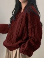 Elorivane Women's Minimalist V-Neck Loose Knit Sweater | Low-Key Vintage Brown Pullover Fall - Image 17