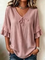 Elorivane Plus Size Women's Navy Blue Boho Blouse, Cotton Ruffle Sleeves with Bow Decor, Casual Leisure Shirt for Summer Vacation, Home, Daily Outing & Travel, Also Great for Fall Wear - Image 26