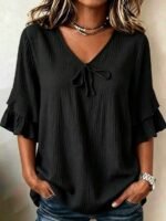 Elorivane Plus Size Women's Navy Blue Boho Blouse, Cotton Ruffle Sleeves with Bow Decor, Casual Leisure Shirt for Summer Vacation, Home, Daily Outing & Travel, Also Great for Fall Wear - Image 14