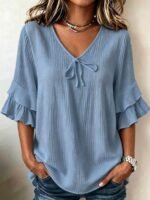 Elorivane Plus Size Women's Navy Blue Boho Blouse, Cotton Ruffle Sleeves with Bow Decor, Casual Leisure Shirt for Summer Vacation, Home, Daily Outing & Travel, Also Great for Fall Wear - Image 8
