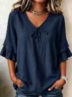 Elorivane Plus Size Women's Navy Blue Boho Blouse, Cotton Ruffle Sleeves with Bow Decor, Casual Leisure Shirt for Summer Vacation, Home, Daily Outing & Travel, Also Great for Fall Wear - Image 32