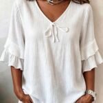 Elorivane Plus Size Women's Navy Blue Boho Blouse, Cotton Ruffle Sleeves with Bow Decor, Casual Leisure Shirt for Summer Vacation, Home, Daily Outing & Travel, Also Great for Fall Wear