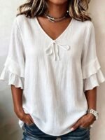 Elorivane Plus Size Women's Navy Blue Boho Blouse, Cotton Ruffle Sleeves with Bow Decor, Casual Leisure Shirt for Summer Vacation, Home, Daily Outing & Travel, Also Great for Fall Wear