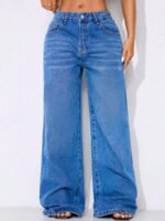 Elorivane Women's Low-Waist Wide Leg Blue Jeans, Curved Hem Casual Fall Denim - Image 21