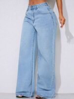 Elorivane Women's Low Waist Wide Leg Blue Jeans, Distressed Curved Hem Denim - Image 16