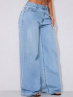 Elorivane Women's Low Waist Wide Leg Blue Jeans, Distressed Curved Hem Denim - Image 17