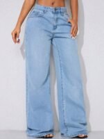 Elorivane Women's Low Waist Wide Leg Blue Jeans, Distressed Curved Hem Denim - Image 14