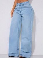 Elorivane Women's Low Waist Wide Leg Blue Jeans, Distressed Curved Hem Denim - Image 15