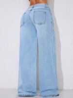 Elorivane Women's Low Waist Wide Leg Blue Jeans, Distressed Curved Hem Denim - Image 13
