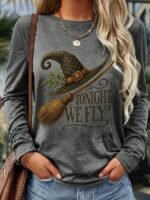 Elorivane Plus Size Witch Hat Print Crew Neck Long Sleeve Top for Fall Daily Wear