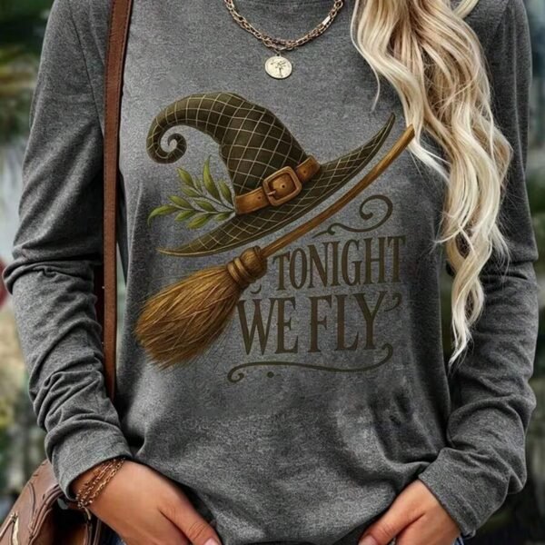 Elorivane Plus Size Witch Hat Print Crew Neck Long Sleeve Top for Fall Daily Wear
