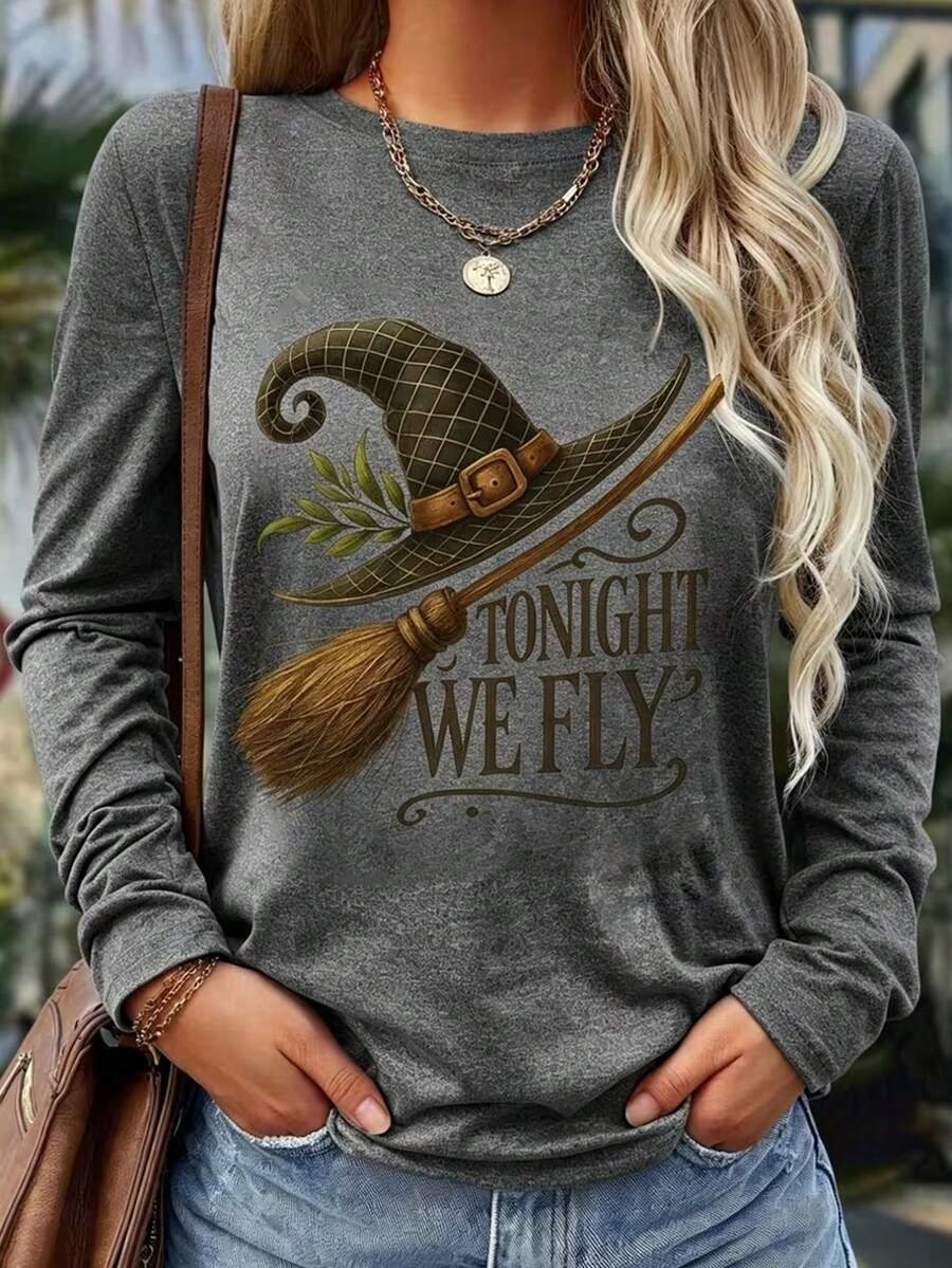 178584120790aa8f57f5cf4d9f9b2081d2735a03fa_thumbnail_900x Elorivane Plus Size Witch Hat Print Crew Neck Long Sleeve Top for Fall Daily Wear - Image 1