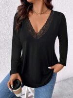 Elorivane Plus Size Lace Trim Patchwork V-Neck Top, Long Sleeve Slimming Commute Tee, Fall Casual Wear - Image 4