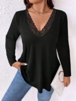 Elorivane Plus Size Lace Trim Patchwork V-Neck Top, Long Sleeve Slimming Commute Tee, Fall Casual Wear - Image 5
