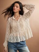 Elorivane Women Sheer Dot Mesh Mock Neck Top, Bow Tie Front Ruffle Peplum Long Sleeve Boho Fall Winter Casual Shirt - Image 15