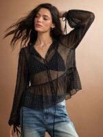 Elorivane Women Sheer Dot Mesh Mock Neck Top, Bow Tie Front Ruffle Peplum Long Sleeve Boho Fall Winter Casual Shirt - Image 10