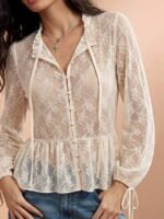Elorivane Women Sheer Dot Mesh Mock Neck Top, Bow Tie Front Ruffle Peplum Long Sleeve Boho Fall Winter Casual Shirt - Image 16