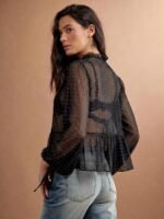 Elorivane Women Sheer Dot Mesh Mock Neck Top, Bow Tie Front Ruffle Peplum Long Sleeve Boho Fall Winter Casual Shirt - Image 11