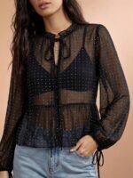 Elorivane Women Sheer Dot Mesh Mock Neck Top, Bow Tie Front Ruffle Peplum Long Sleeve Boho Fall Winter Casual Shirt - Image 12