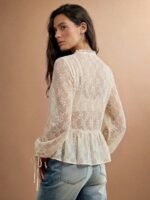 Elorivane Women Sheer Dot Mesh Mock Neck Top, Bow Tie Front Ruffle Peplum Long Sleeve Boho Fall Winter Casual Shirt - Image 17