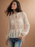 Elorivane Women Sheer Dot Mesh Mock Neck Top, Bow Tie Front Ruffle Peplum Long Sleeve Boho Fall Winter Casual Shirt - Image 18
