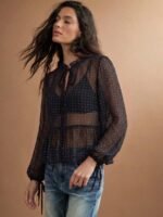 Elorivane Women Sheer Dot Mesh Mock Neck Top, Bow Tie Front Ruffle Peplum Long Sleeve Boho Fall Winter Casual Shirt - Image 13