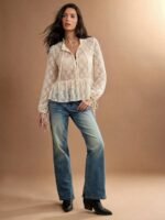 Elorivane Women Sheer Dot Mesh Mock Neck Top, Bow Tie Front Ruffle Peplum Long Sleeve Boho Fall Winter Casual Shirt - Image 19