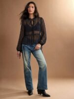 Elorivane Women Sheer Dot Mesh Mock Neck Top, Bow Tie Front Ruffle Peplum Long Sleeve Boho Fall Winter Casual Shirt - Image 14