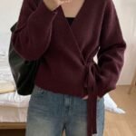 Elorivane Plus Size Brown Sweater, Asymmetric Placket Lace-Up Casual Commute Autumn Winter Pullover Top