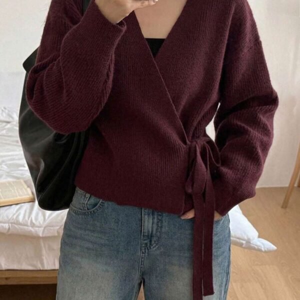 Elorivane Plus Size Brown Sweater, Asymmetric Placket Lace-Up Casual Commute Autumn Winter Pullover Top