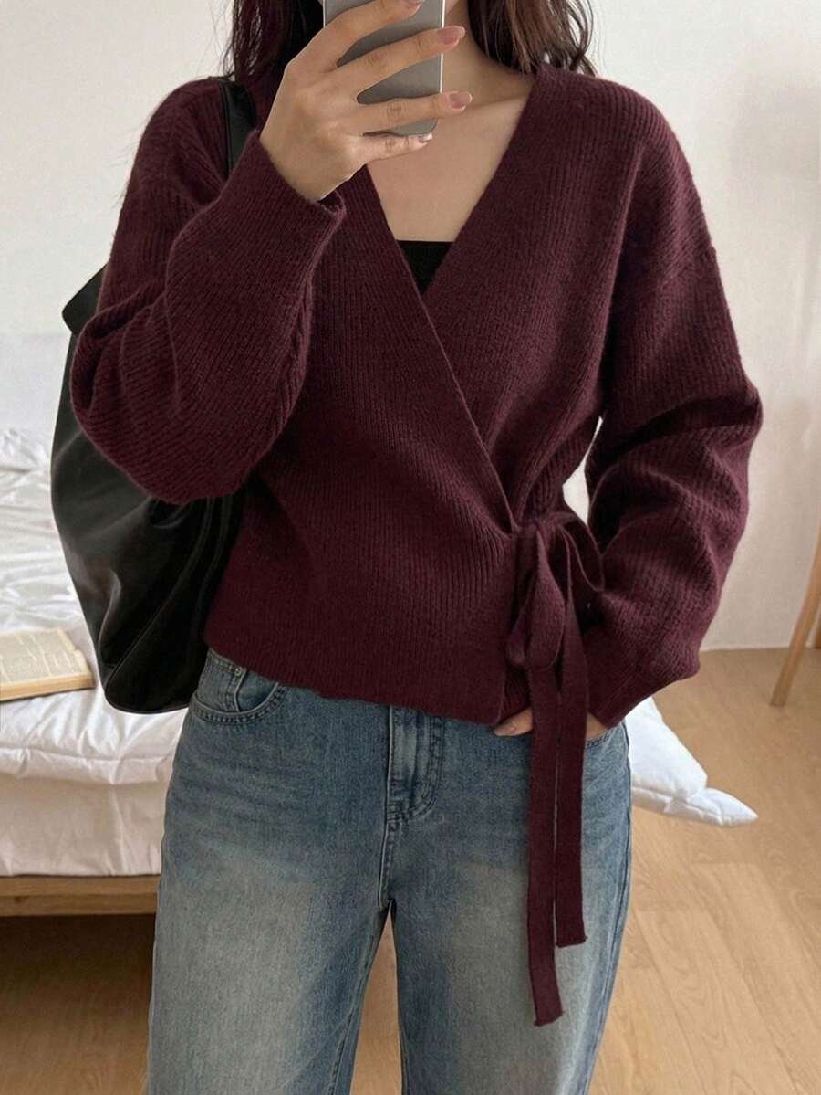178589535066d99de7fd3181379721b37d4c05d724_thumbnail_900x Elorivane Plus Size Brown Sweater, Asymmetric Placket Lace-Up Casual Commute Autumn Winter Pullover Top - Image 1