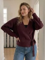 Elorivane Plus Size Brown Sweater, Asymmetric Placket Lace-Up Casual Commute Autumn Winter Pullover Top - Image 2