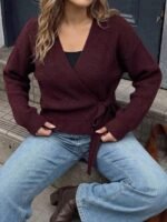 Elorivane Plus Size Brown Sweater, Asymmetric Placket Lace-Up Casual Commute Autumn Winter Pullover Top - Image 4