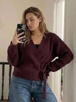 Elorivane Plus Size Brown Sweater, Asymmetric Placket Lace-Up Casual Commute Autumn Winter Pullover Top - Image 5
