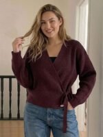 Elorivane Plus Size Brown Sweater, Asymmetric Placket Lace-Up Casual Commute Autumn Winter Pullover Top - Image 6