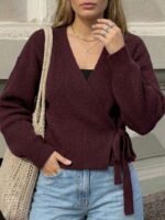 Elorivane Plus Size Brown Sweater, Asymmetric Placket Lace-Up Casual Commute Autumn Winter Pullover Top - Image 7