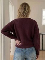 Elorivane Plus Size Brown Sweater, Asymmetric Placket Lace-Up Casual Commute Autumn Winter Pullover Top - Image 8