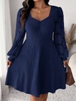 Elorivane Plus Size Sweetheart Neck Dress, Ruched Ribbed Long Sleeve Casual Dress, Fall Wear - Image 17
