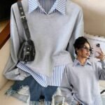 Elorivane Plus Size Linen Striped Patchwork Collared Pullover Sweatshirt for Autumn Daily Wear & Holidays