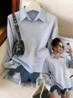Elorivane Plus Size Linen Striped Patchwork Collared Pullover Sweatshirt for Autumn Daily Wear & Holidays