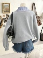 Elorivane Plus Size Linen Striped Patchwork Collared Pullover Sweatshirt for Autumn Daily Wear & Holidays - Image 2