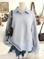 Elorivane Plus Size Linen Striped Patchwork Collared Pullover Sweatshirt for Autumn Daily Wear & Holidays - Image 3
