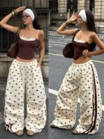 Elorivane Women Brown Polka Dot Parachute Pants, Wide Leg Athleisure Casual Trousers - Image 21