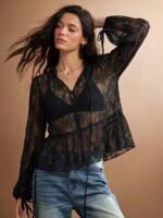 Elorivane Women Sheer Dot Mesh Mock Neck Top, Bow Tie Front Ruffle Peplum Long Sleeve Boho Fall Winter Casual Shirt - Image 30