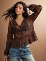 Elorivane Women Sheer Dot Mesh Mock Neck Top, Bow Tie Front Ruffle Peplum Long Sleeve Boho Fall Winter Casual Shirt - Image 20