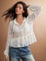 Elorivane Women Sheer Dot Mesh Mock Neck Top, Bow Tie Front Ruffle Peplum Long Sleeve Boho Fall Winter Casual Shirt - Image 25